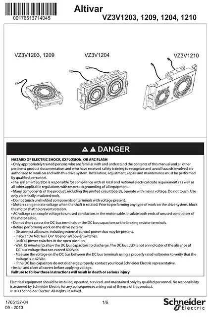 schneider施耐德Instruction sheet - ATV61_71_21 fan kit - VZ3V1203_ 04_ 09_ 10